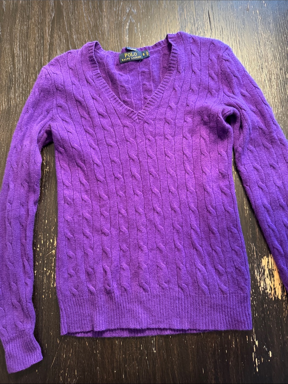 Polo by Ralph Lauren Vibrant Purple Cable-Knit V-Neck Cashmere Sweater
